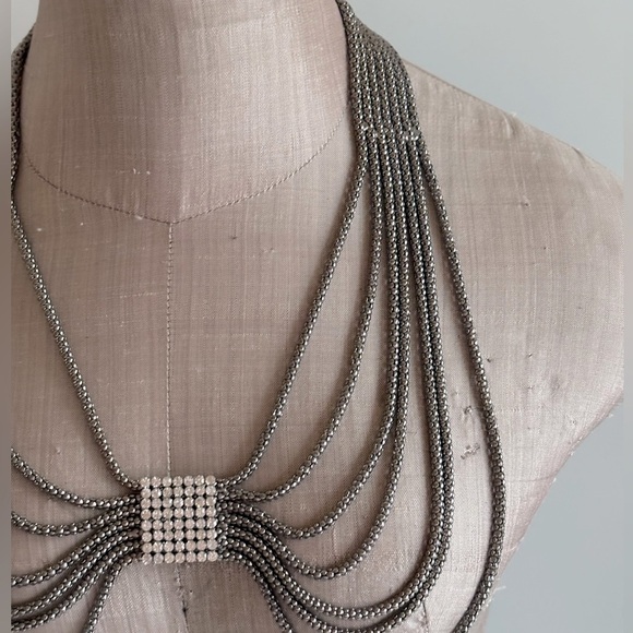 Dark Silver Tone Mesh Layered Swag Chest Chain Statement‎ Necklace with Crystal - Picture 4 of 10